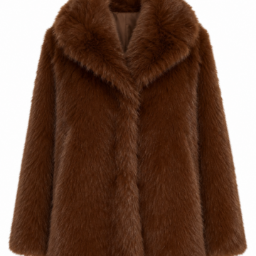 Rich Brown Faux Fur Mid-Length Coat with Oversized Shawl Collar