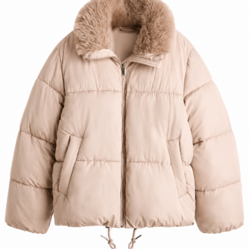 Light Beige Oversized Puffer Coat with Faux Fur Collar and Drawstring Hem