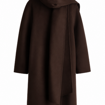 Dark Brown Longline Coat with Draped Cowl Neckline and Asymmetrical Closure