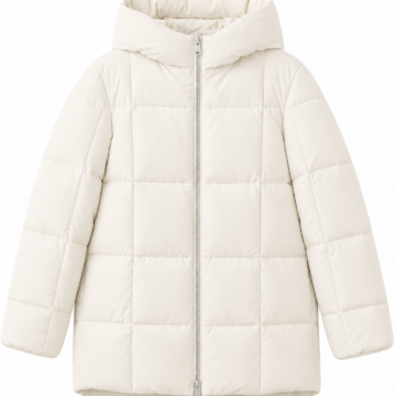 Off-White Hooded Puffer Jacket with Horizontal Quilting and Silver-Tone Zipper