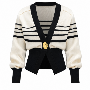 Cream Striped Cropped Knit Cardigan with Black Contrast Trim
