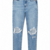 Medium Blue High-Rise Straight Leg Jeans with Knee Distressing