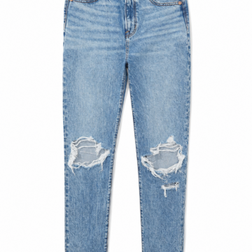 Medium Blue High-Rise Straight Leg Jeans with Knee Distressing
