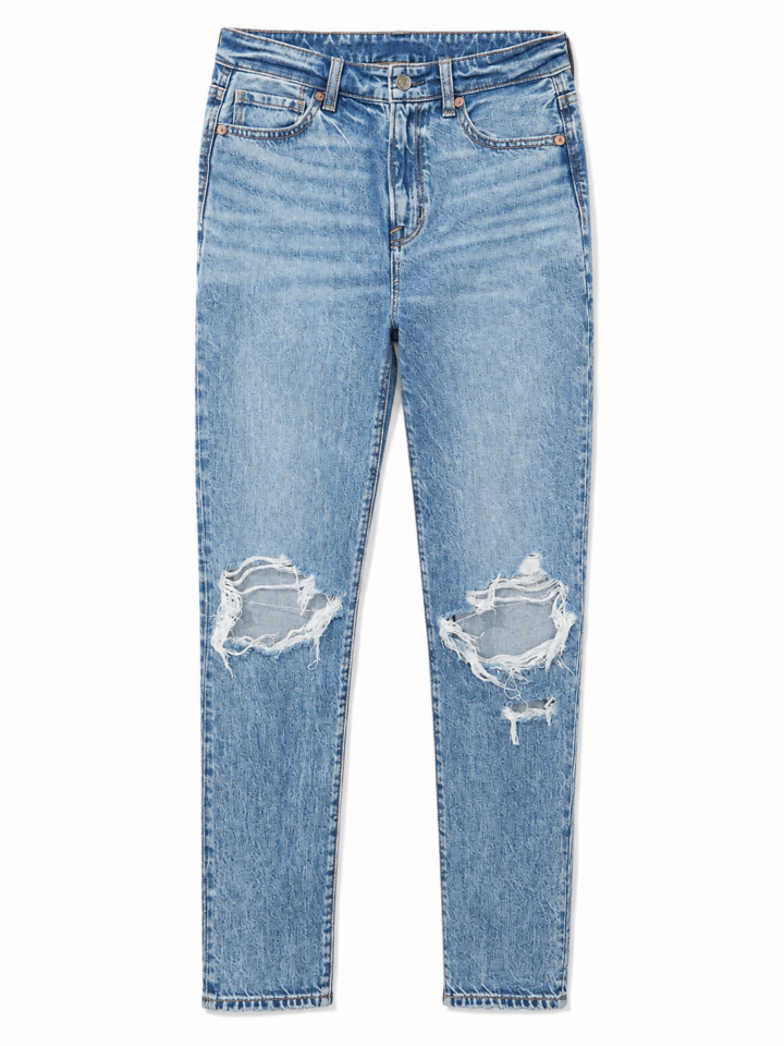 Medium Blue High-Rise Straight Leg Jeans with Knee Distressing
