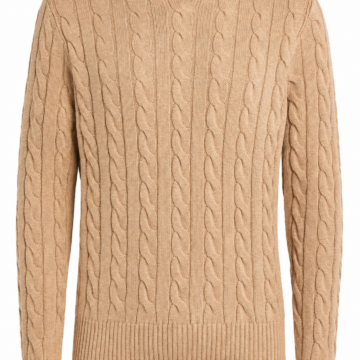 Beige Cable-Knit Crewneck Sweater with Vertical Pattern
