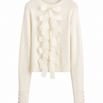 Cream Bow Embellished Knit Sweater with Drop Shoulders