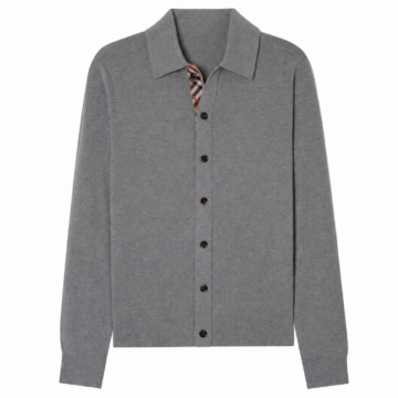 Medium Grey Knit Button-Up Cardigan with Polo Collar