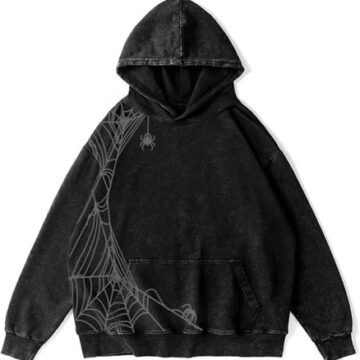 Oversized Black Acid-Wash Hoodie with Spiderweb Graphic