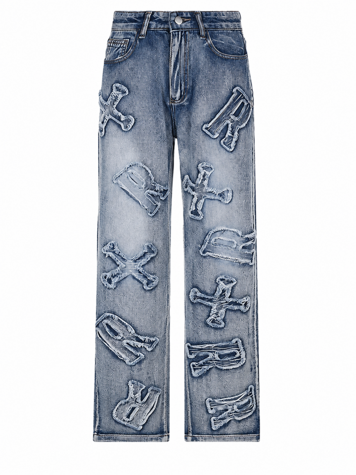 Medium Wash Straight Leg Jeans with Appliqué Details