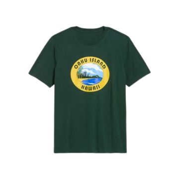 Dark Green Crew Neck Oahu Island Graphic T-Shirt