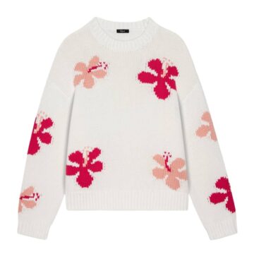 White Floral Intarsia Knit Crewneck Sweater